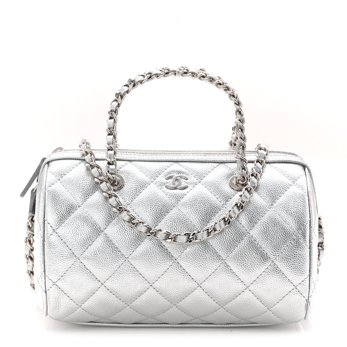 Metallic Caviar Quilted Barrel Clutch With Chain Silver