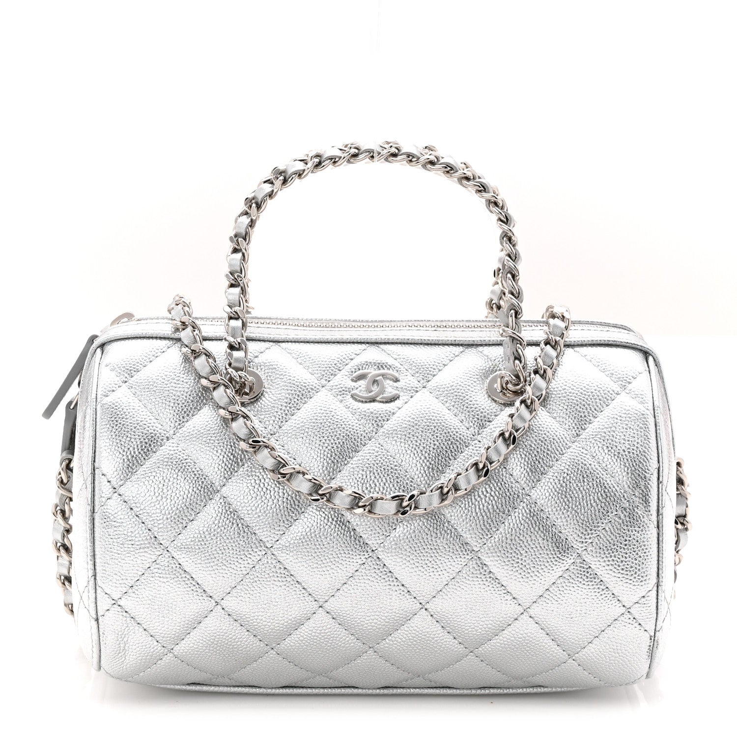 Chanel Metallic Caviar Quilted Barrel Clutch With Chain Silver 1 of 11