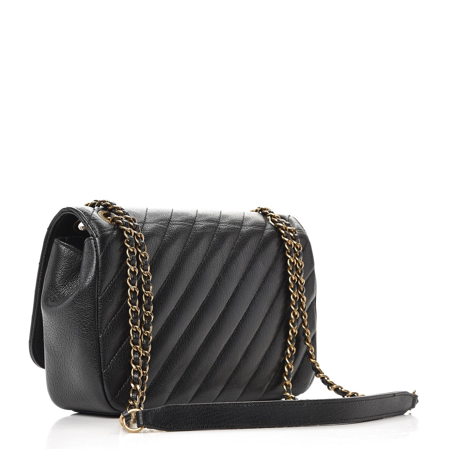 Shiny Goatskin Diagonal Quilted Small Flap Black
