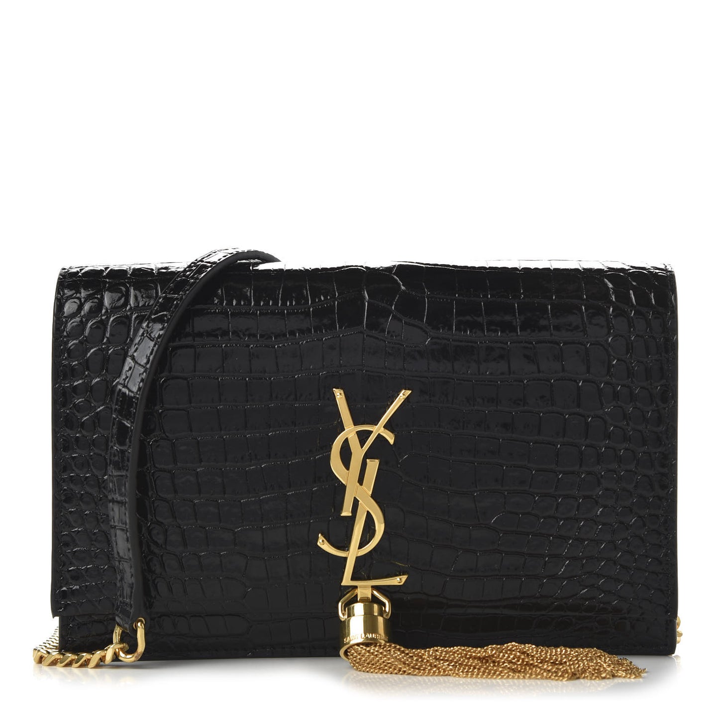 Calfskin Crocodile Embossed Kate Monogram Tassel Chain Wallet Black