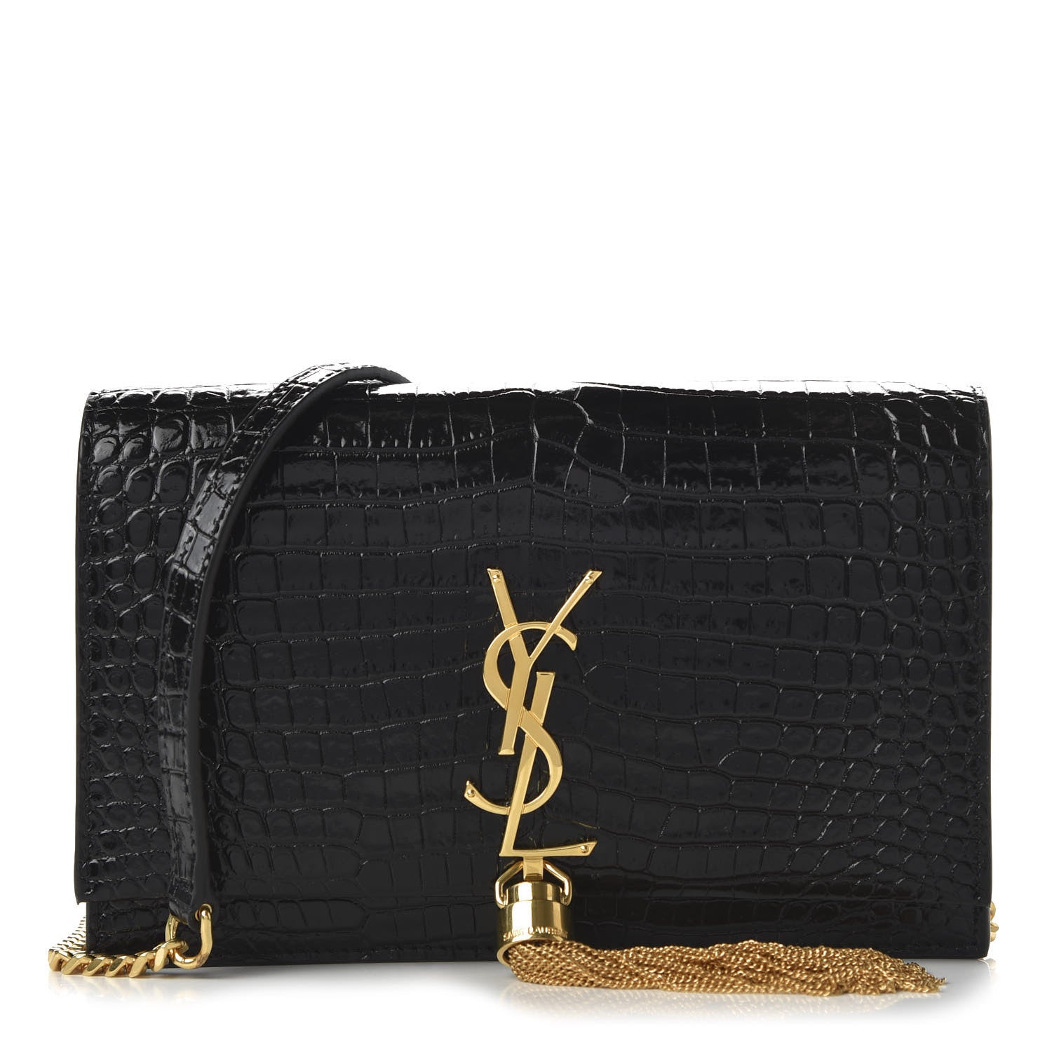 Saint Laurent Calfskin Crocodile Embossed Kate Monogram Tassel Chain Wallet Black 1 of 10