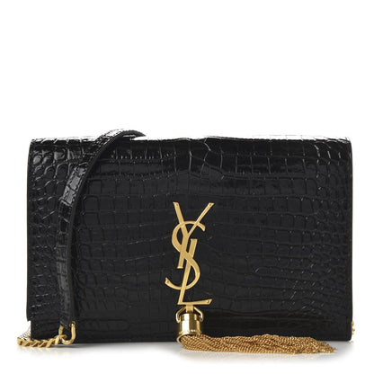 Saint Laurent Calfskin Crocodile Embossed Kate Monogram Tassel Chain Wallet Black 1 of 10