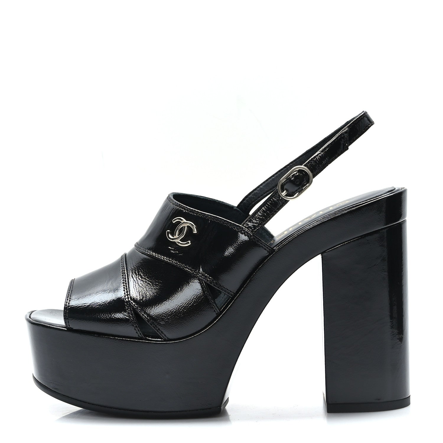 Chanel Crumpled Patent Lambskin Platform Sandals 38.5 Black 1 of 9
