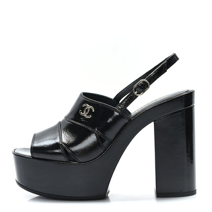 Chanel Crumpled Patent Lambskin Platform Sandals 38.5 Black 1 of 9