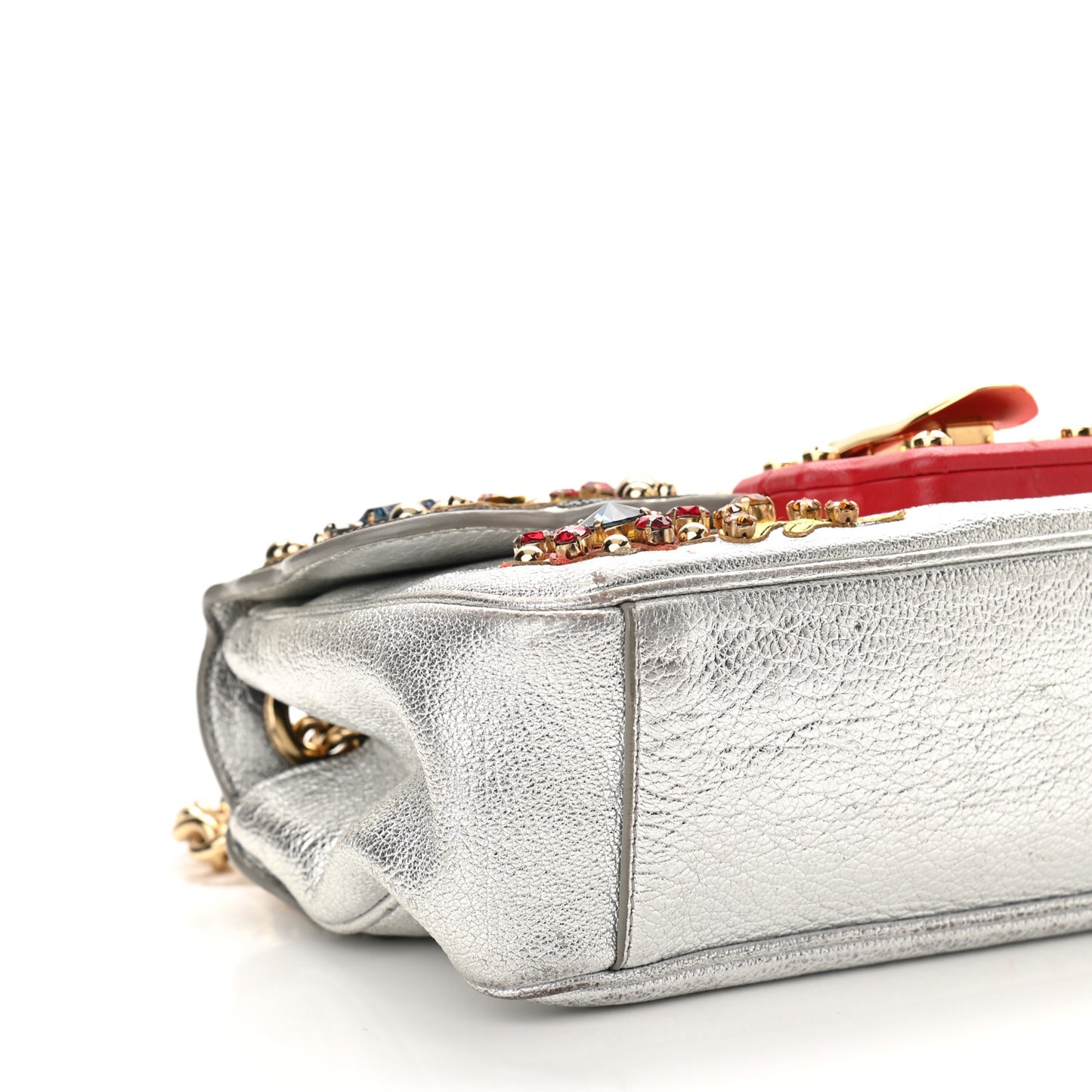 Metallic Calfskin Crystal Embellished Lucia Shoulder Bag Silver Multicolor
