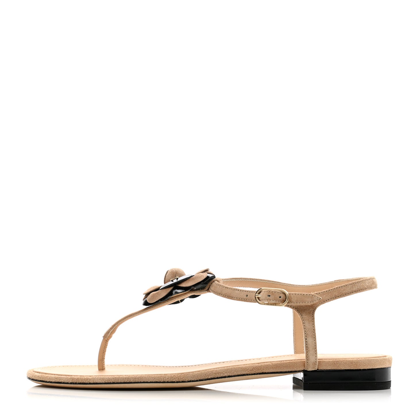 Suede Patent Calfskin Camellia Thong Sandals 41 Beige Black