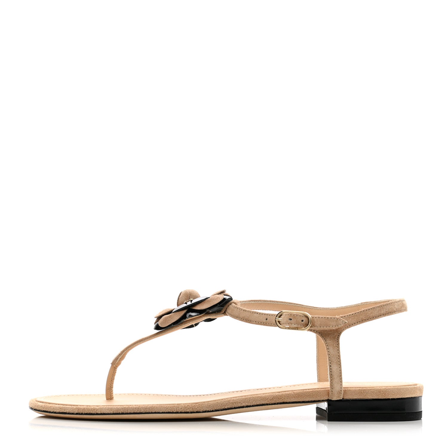 Chanel Suede Patent Calfskin Camellia Thong Sandals 41 Beige Black 1 of 9