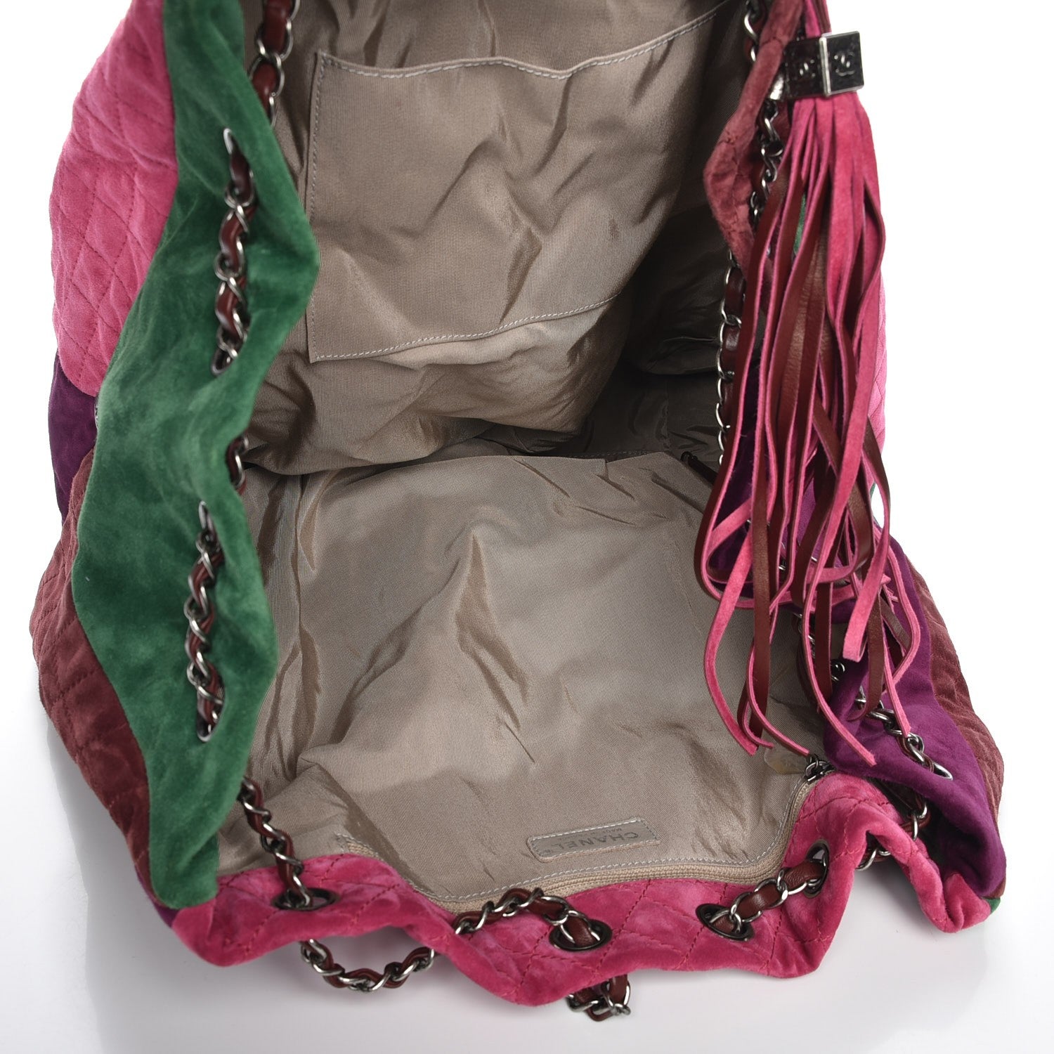 Chanel Suede Quilted Patchwork Drawstring Backpack Green Pink Purple Burgundy 5 of 7