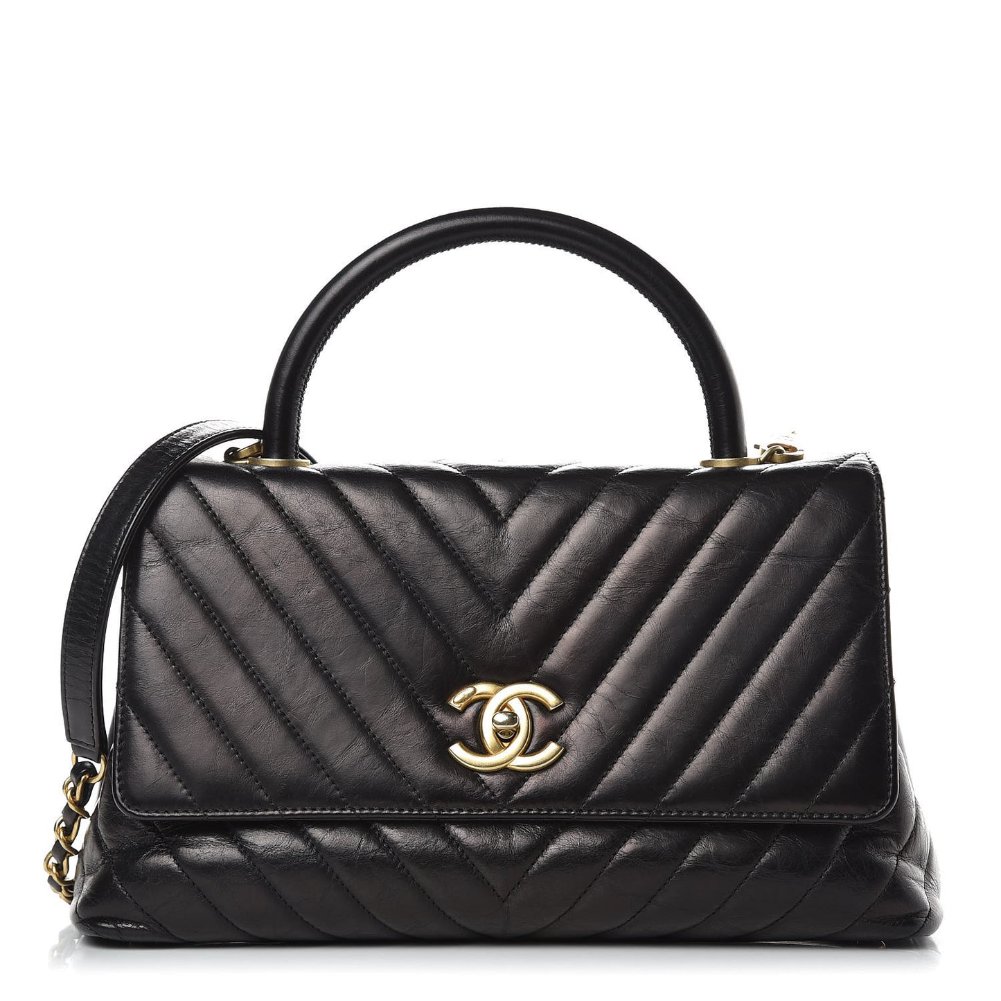 Calfskin Chevron Quilted Small Coco Handle Flap Black