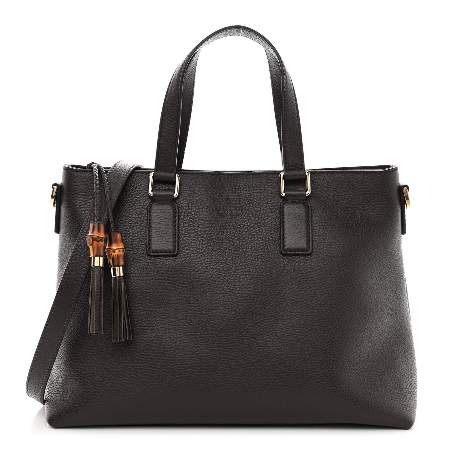 Calfskin Bamboo Tassel Top Handle Tote Dark Brown