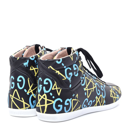 Gucci Calfskin GucciGhost Print Mens High Top Sneakers 9 Black New Acquamarine 4 of 10