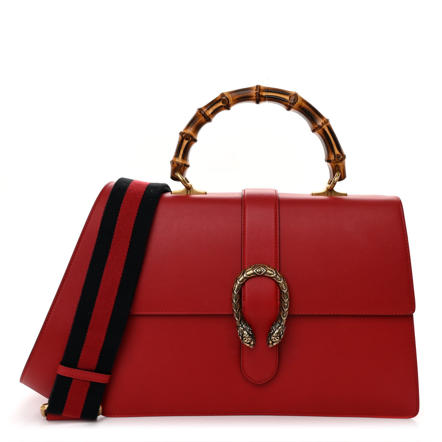 Moon Calfskin Web Large Dionysus Bamboo Top Handle Bag Hibiscus Red