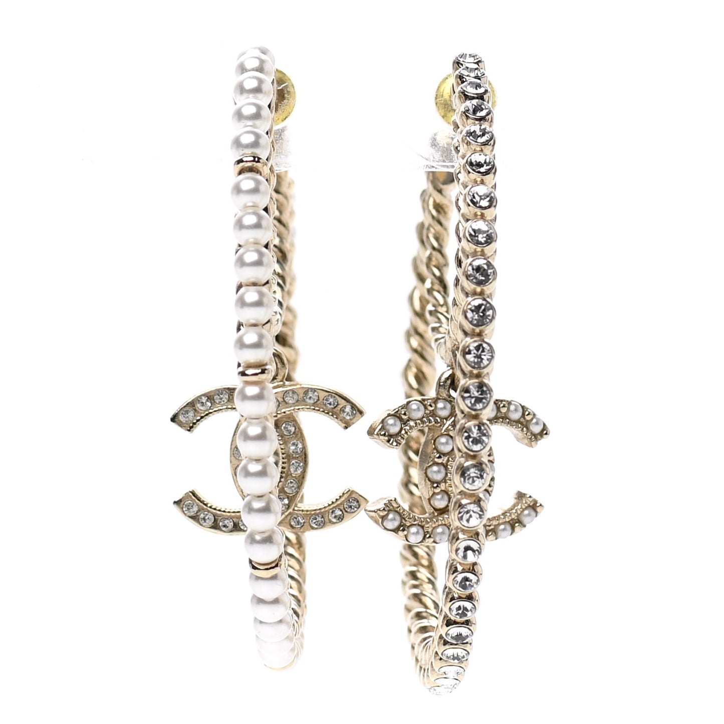 Crystal Pearl CC Drop Hoop Earrings Gold Pearly White