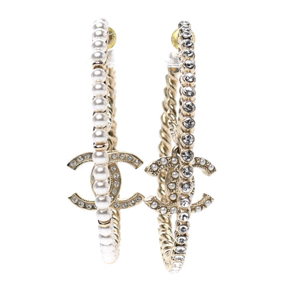 Chanel Crystal Pearl CC Drop Hoop Earrings Gold Pearly White 1 of 4