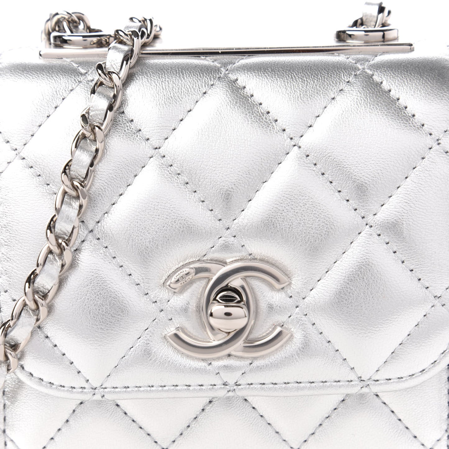 Metallic Lambskin Quilted Mini Trendy CC Clutch With Chain Silver
