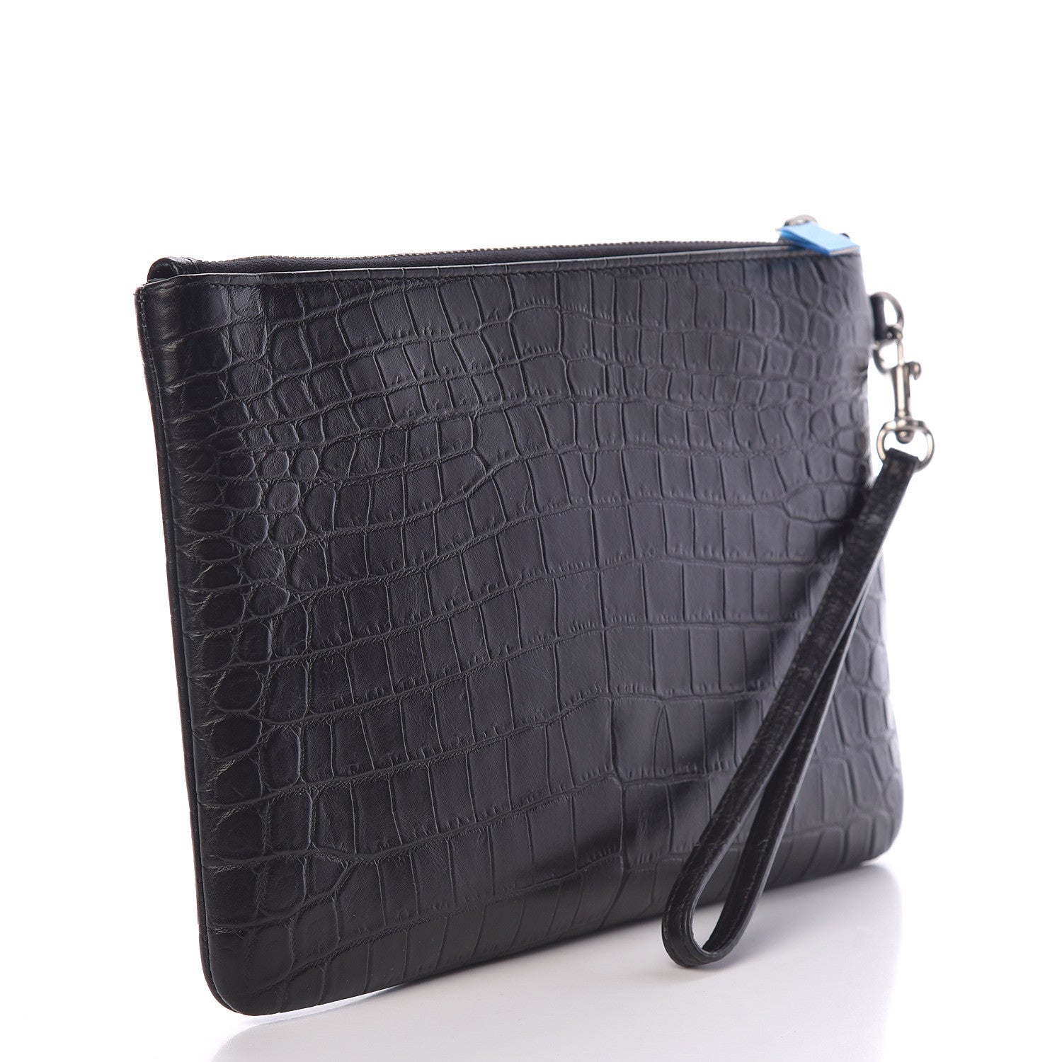 Saint Laurent Calfskin Crocodile Embossed Monogram Zip Pouch Black 3 of 8