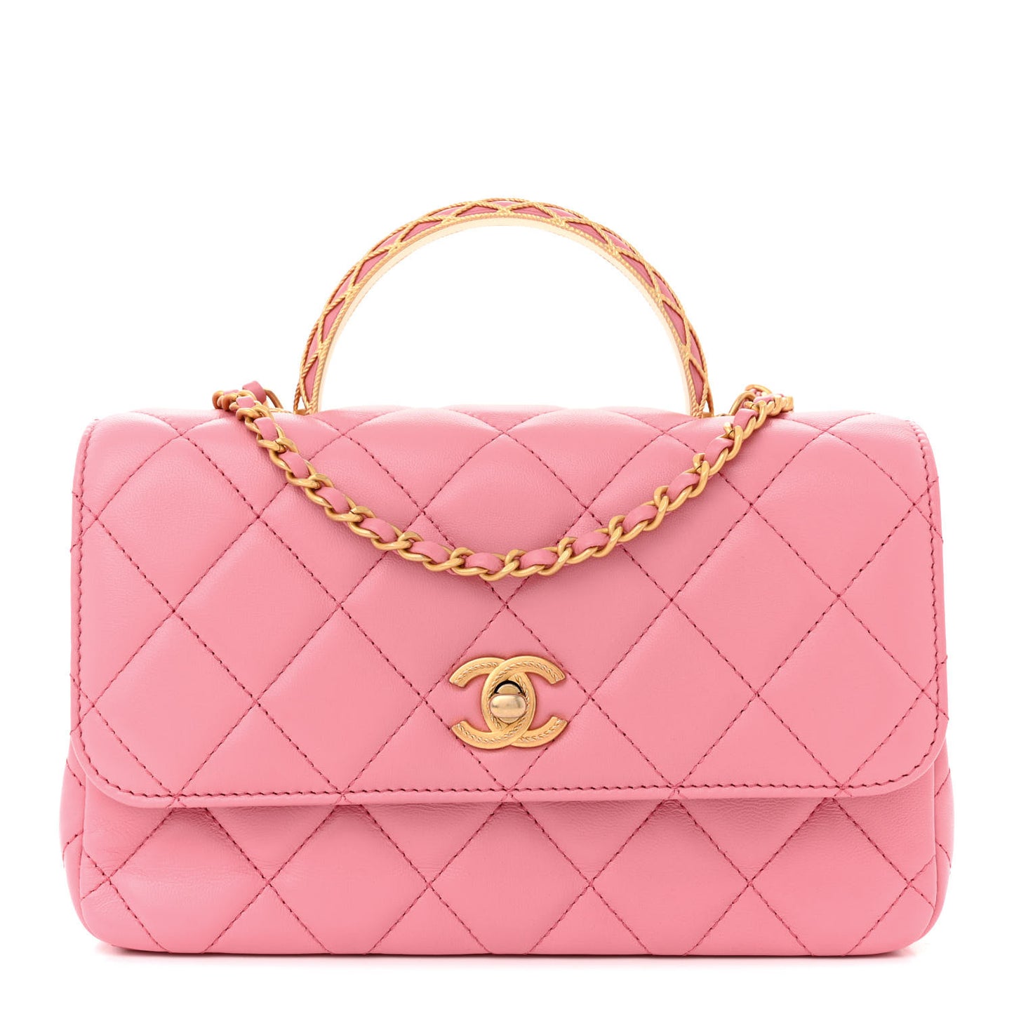 Lambskin Metal Quilted Twist Top Handle Flap With Chain Light Pink