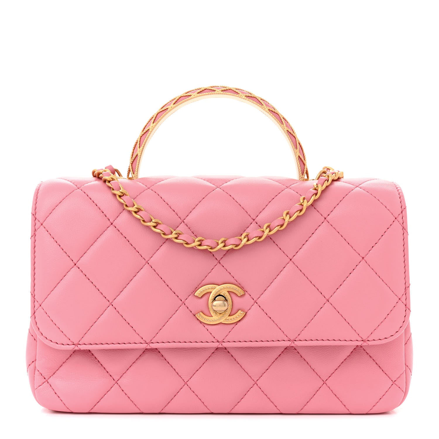 Chanel Lambskin Metal Quilted Twist Top Handle Flap With Chain Light Pink 1 of 15