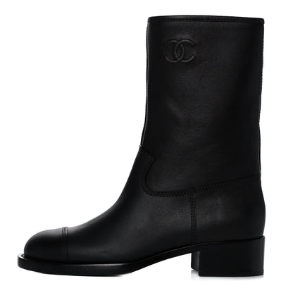 Chanel Calfskin Quilted CC Logo Mid Calf Boots 39 Black 1 of 9