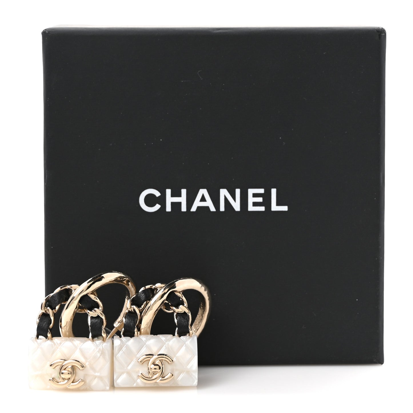 Metal Resin Calfskin Quilted CC Turnlock Chain Bag Earrings Gold Pearly White