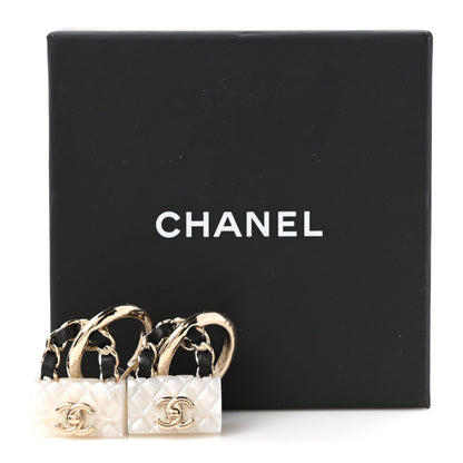 Chanel Metal Resin Calfskin Quilted CC Turnlock Chain Bag Earrings Gold Pearly White 5 of 5