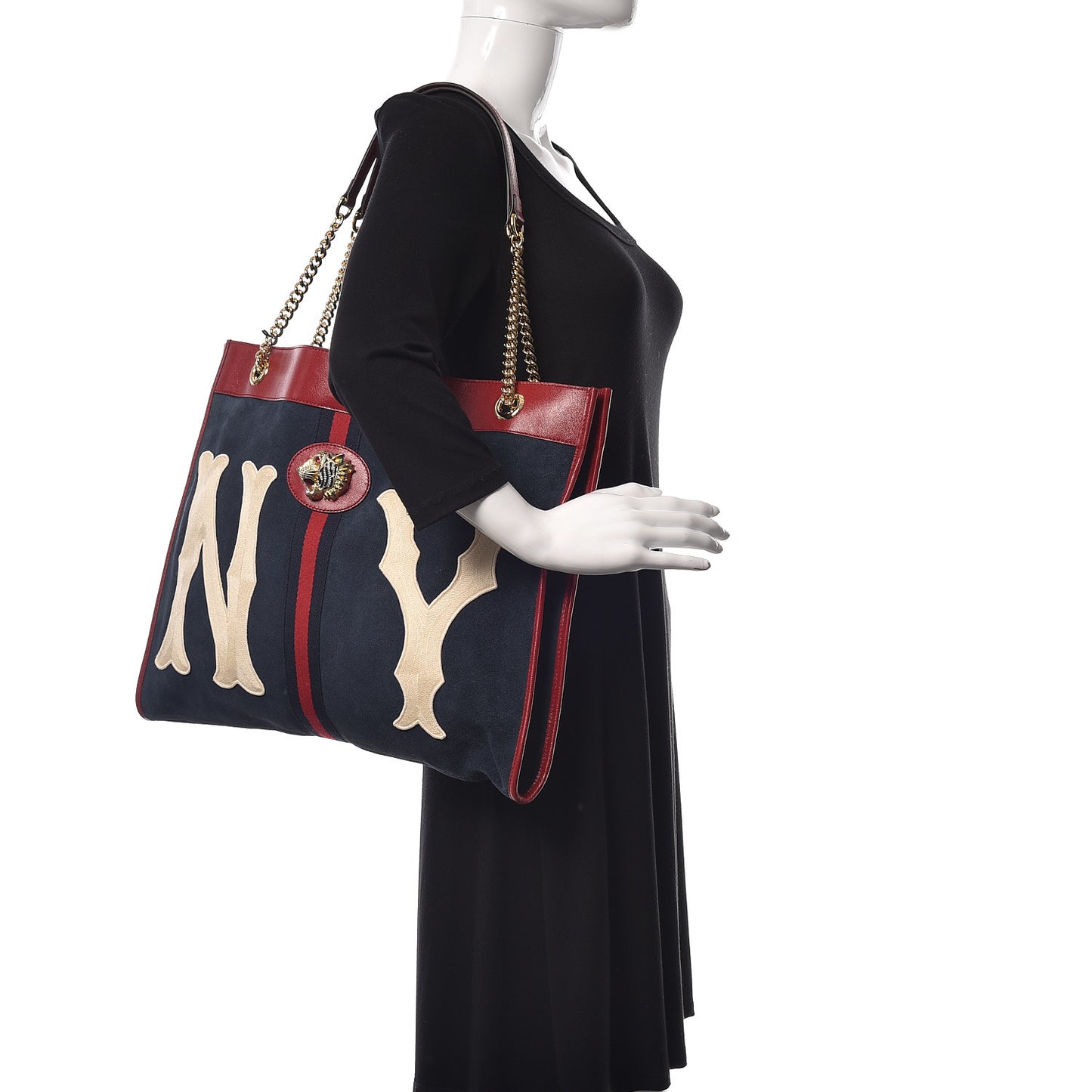 X MLB Suede Calfskin NY Yankees Large Rajah Chain Tote New Blue Romantic Cherry