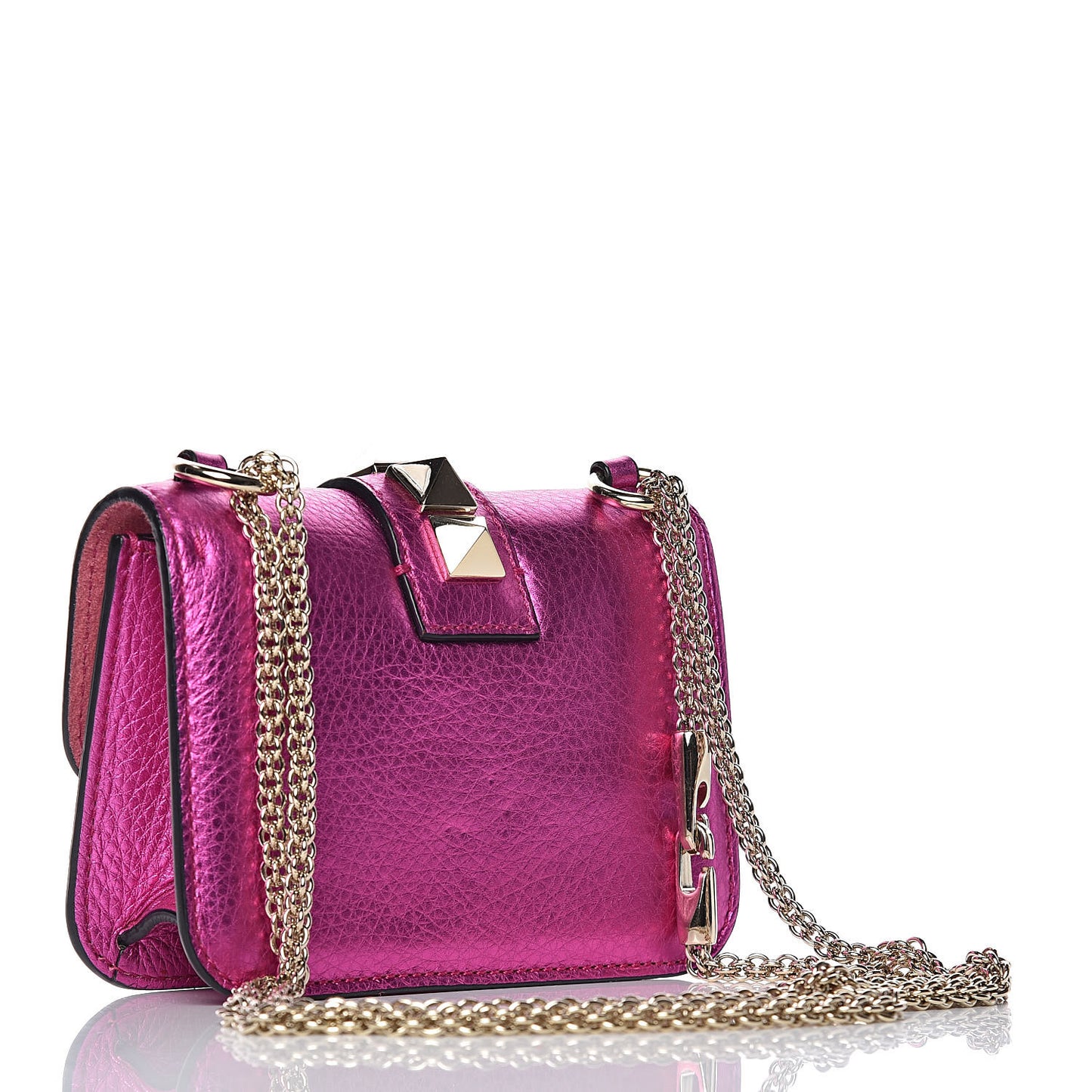 Metallic Pebbled Calfskin Mini Glam Lock Rockstud Flap Peony