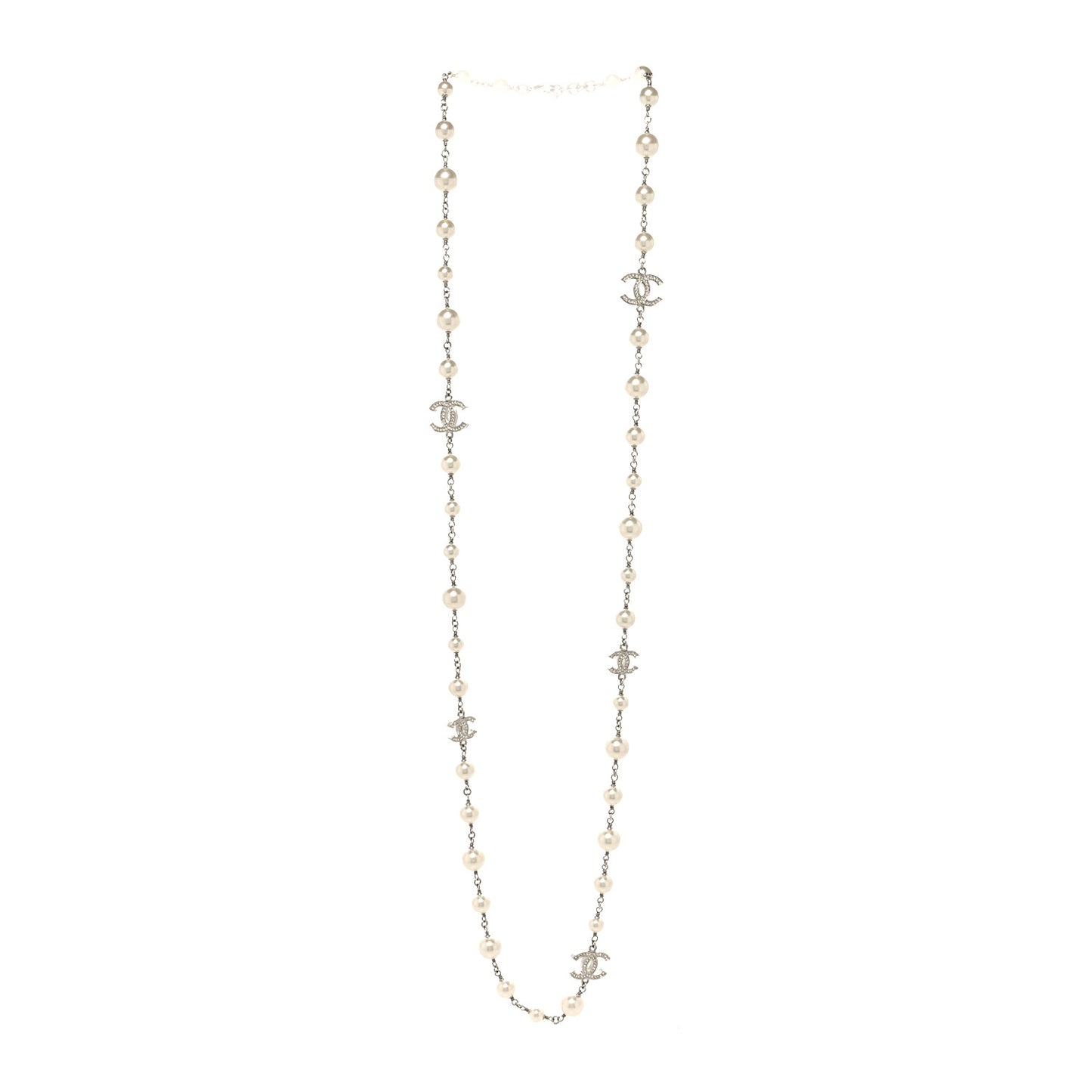 Graduated Pearl Crystal CC Long Necklace Silver