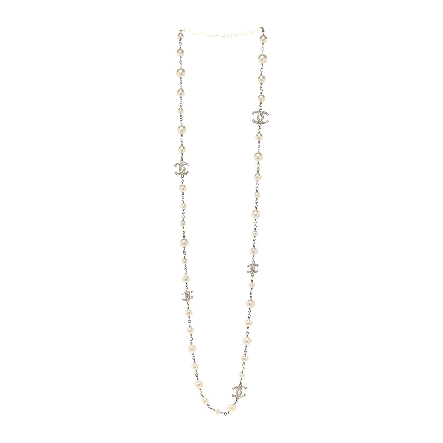 Chanel Graduated Pearl Crystal CC Long Necklace Silver 3 of 5