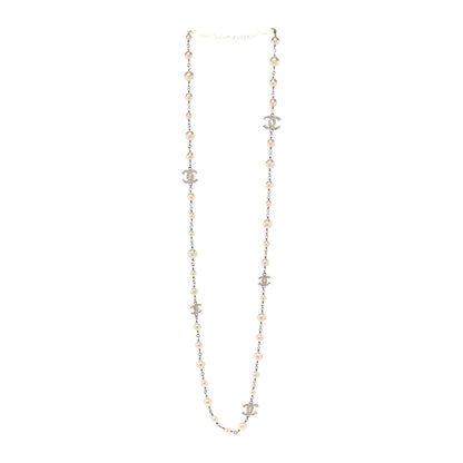 Chanel Graduated Pearl Crystal CC Long Necklace Silver 3 of 5
