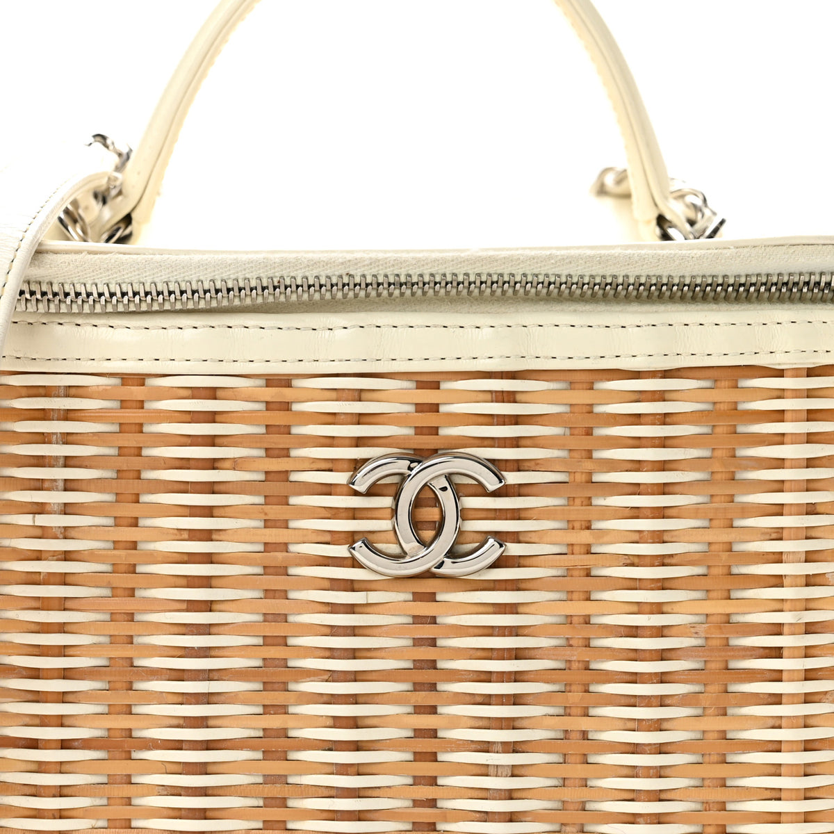 Glazed Calfskin Raffia Vanity Case Bag White Beige