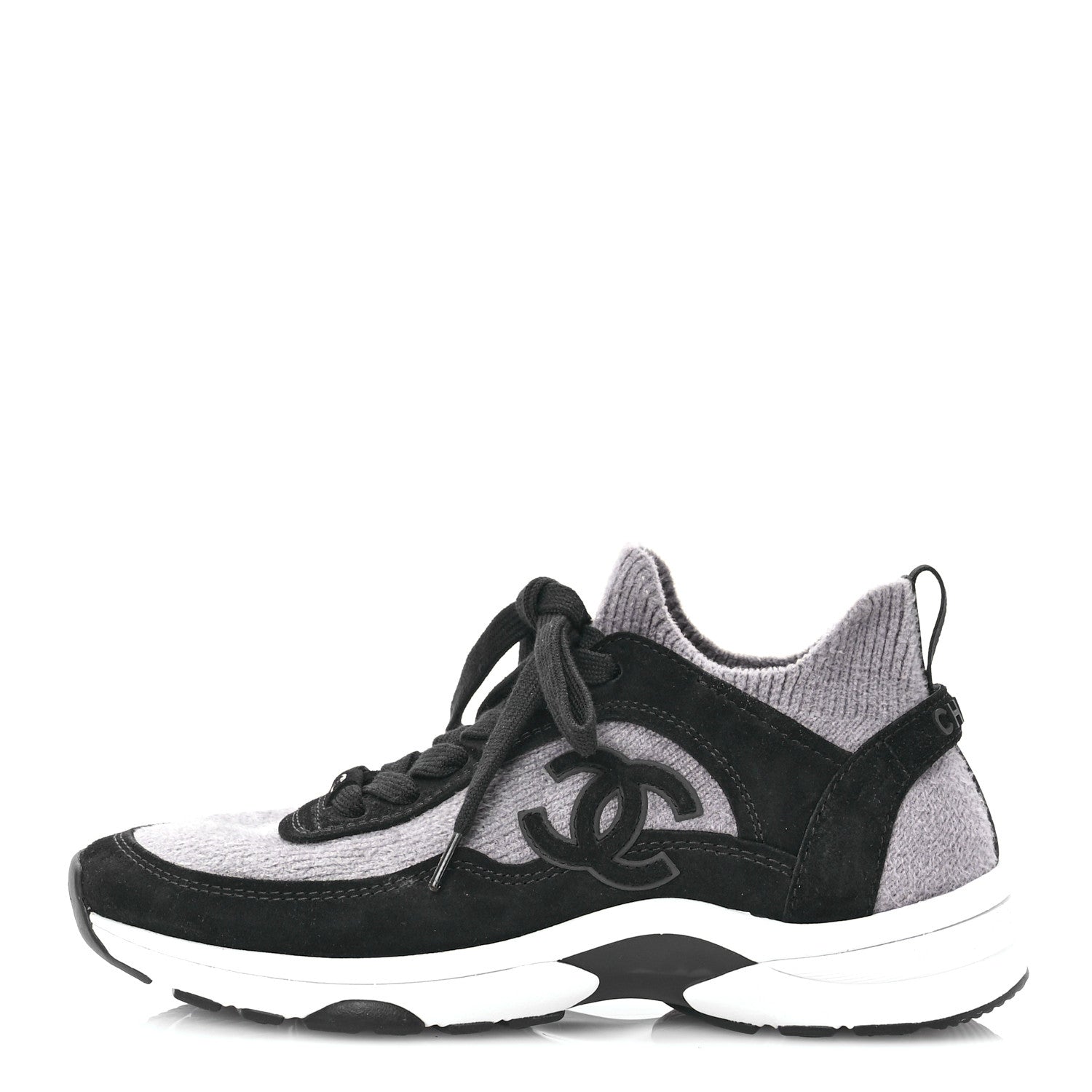 Chanel Fabric Suede Calfskin Womens CC Sneakers 37 Grey Black 1 of 7