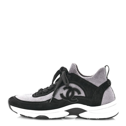 Chanel Fabric Suede Calfskin Womens CC Sneakers 37 Grey Black 1 of 7