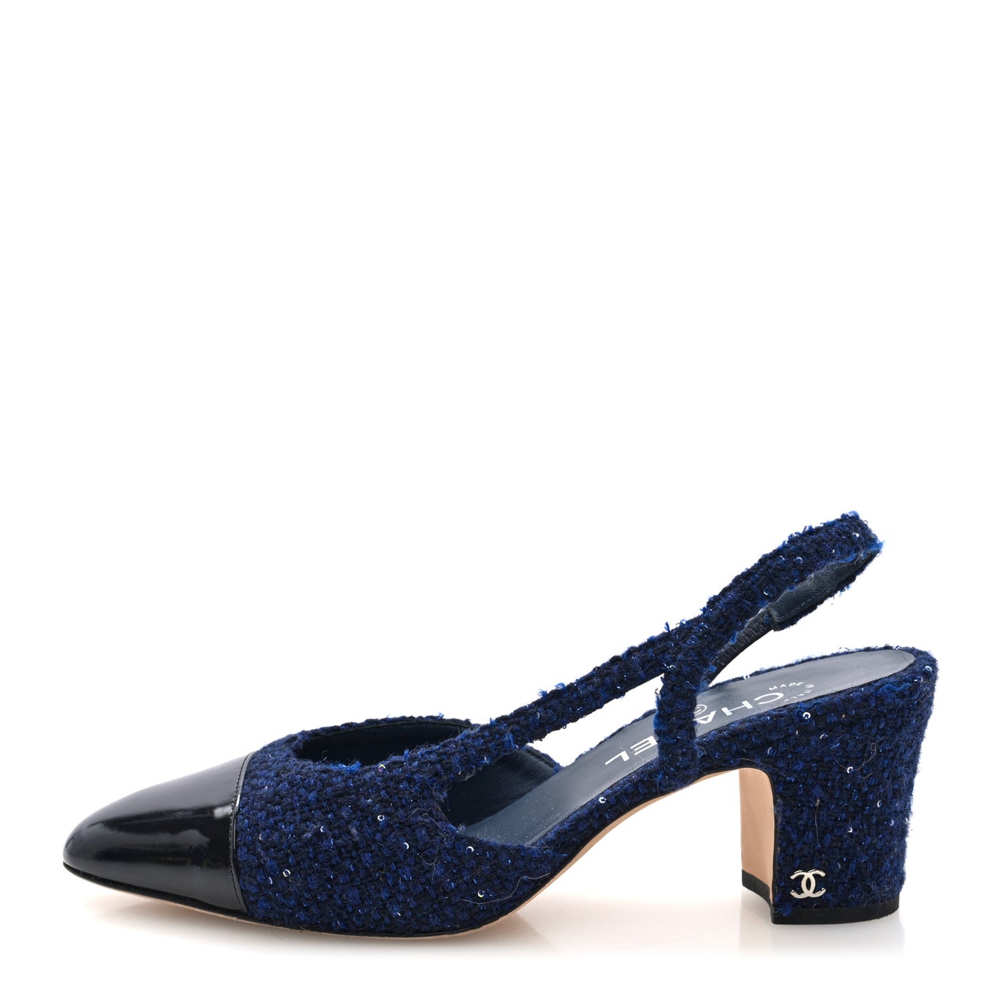 Tweed Patent Cap Toe CC Slingback Pumps 39.5 Blue Black