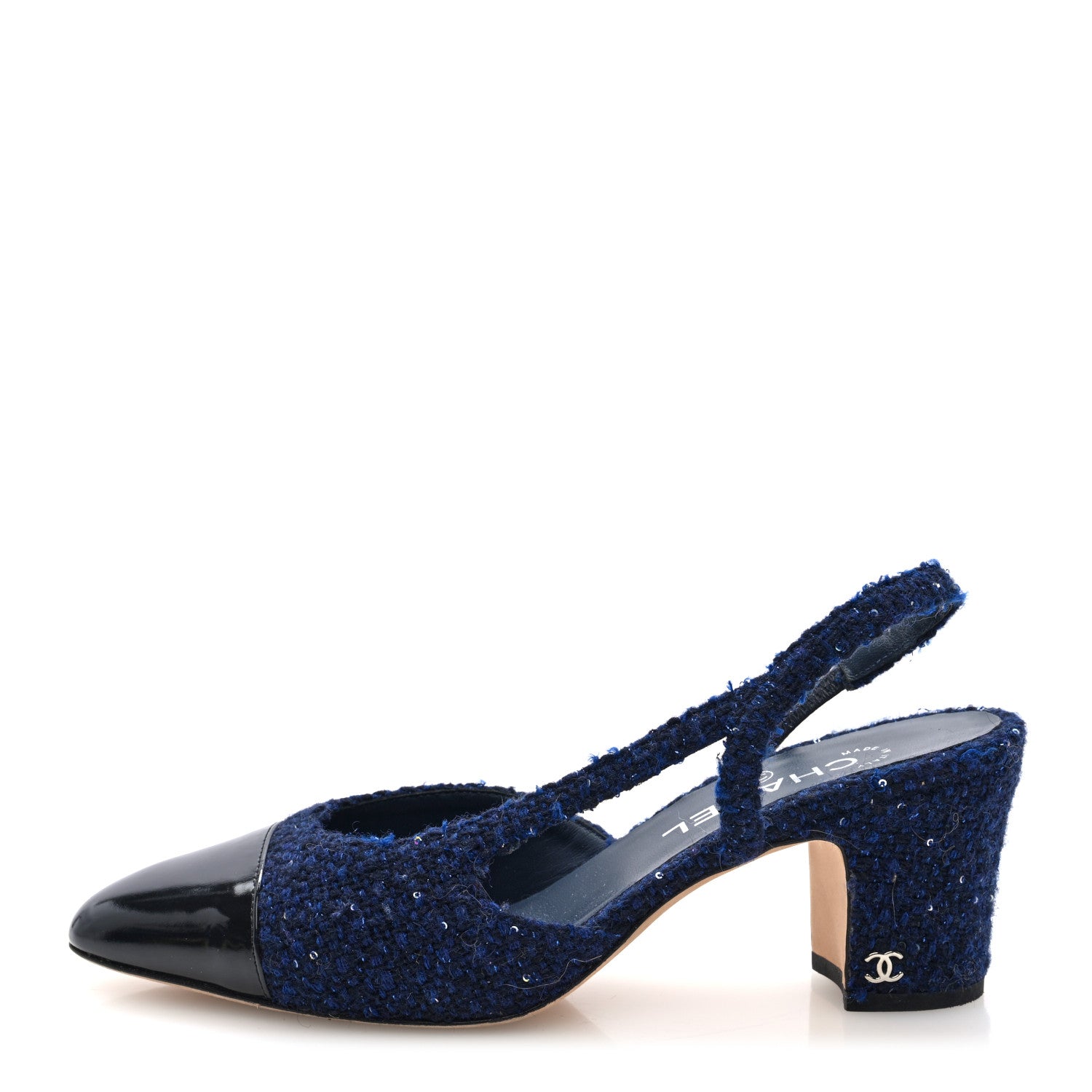 Chanel Tweed Patent Cap Toe CC Slingback Pumps 39.5 Blue Black 1 of 18