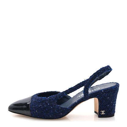 Chanel Tweed Patent Cap Toe CC Slingback Pumps 39.5 Blue Black 1 of 18