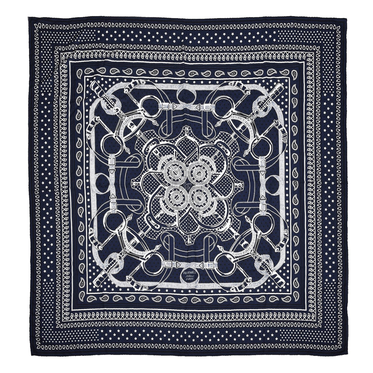 Silk Cashmere Grand Manege Bandana Shawl 140 Marine Blanc
