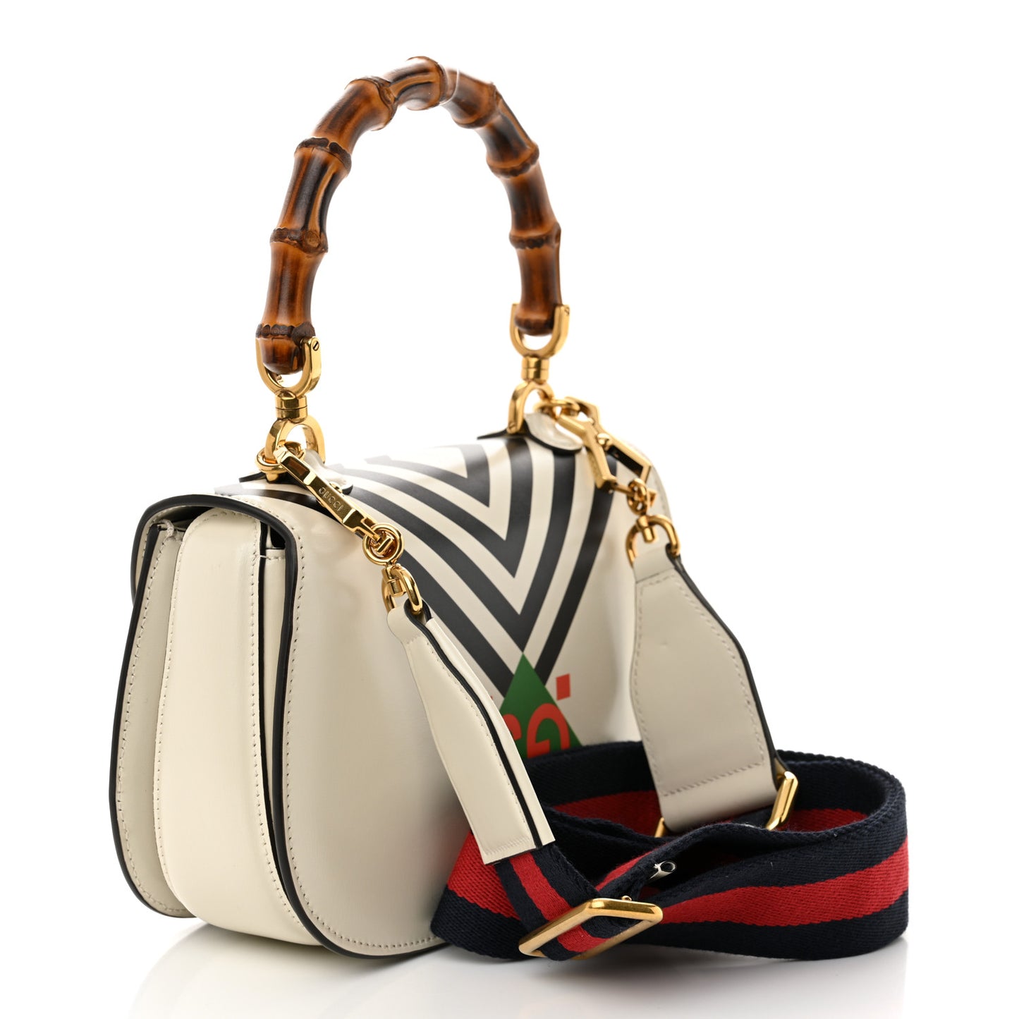Calfskin Web Geometric Print Small Bamboo 1947 Top Handle Bag White Multi
