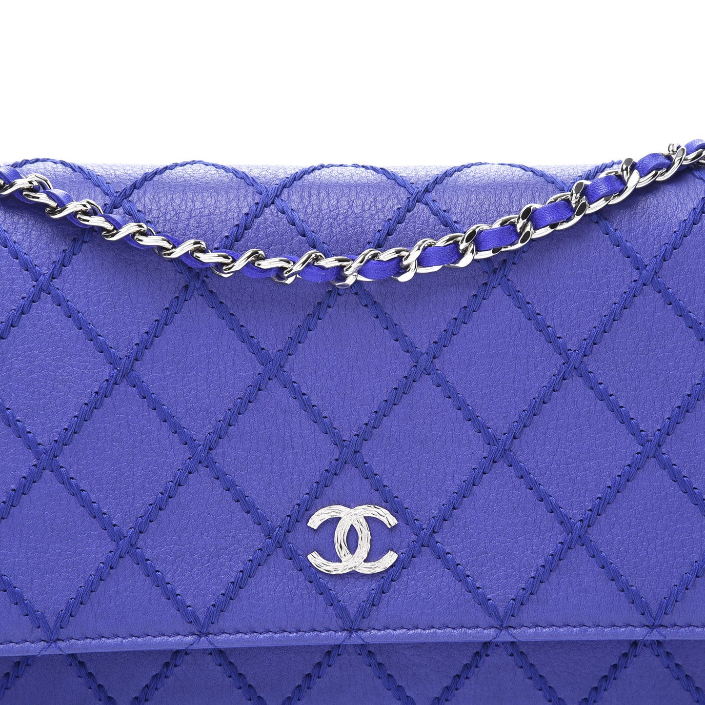 Calfskin Quilted Fancy CC Wallet On Chain WOC Blue