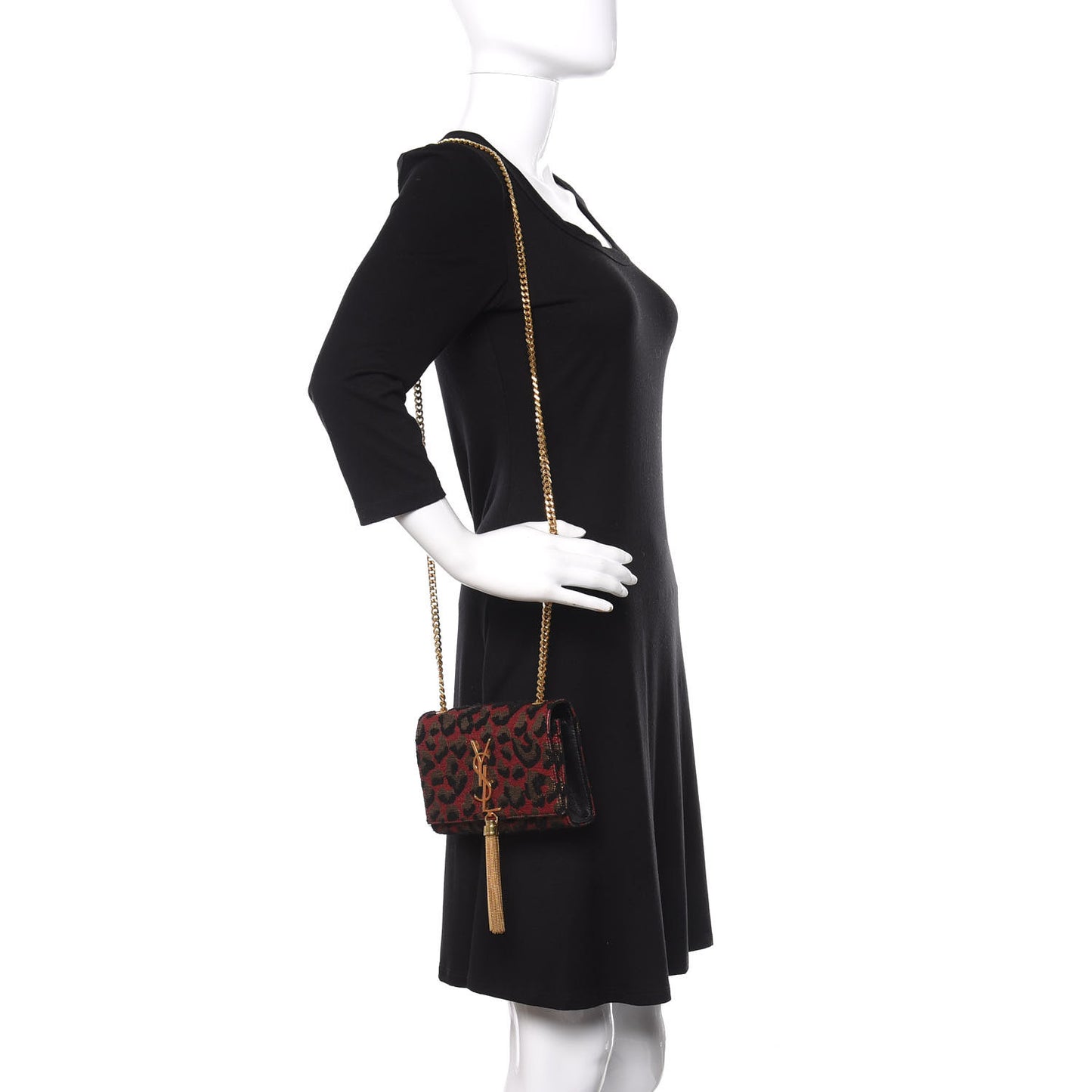Glitter Jaquard Leopard Small Monogram Kate Tassel Satchel Red Black