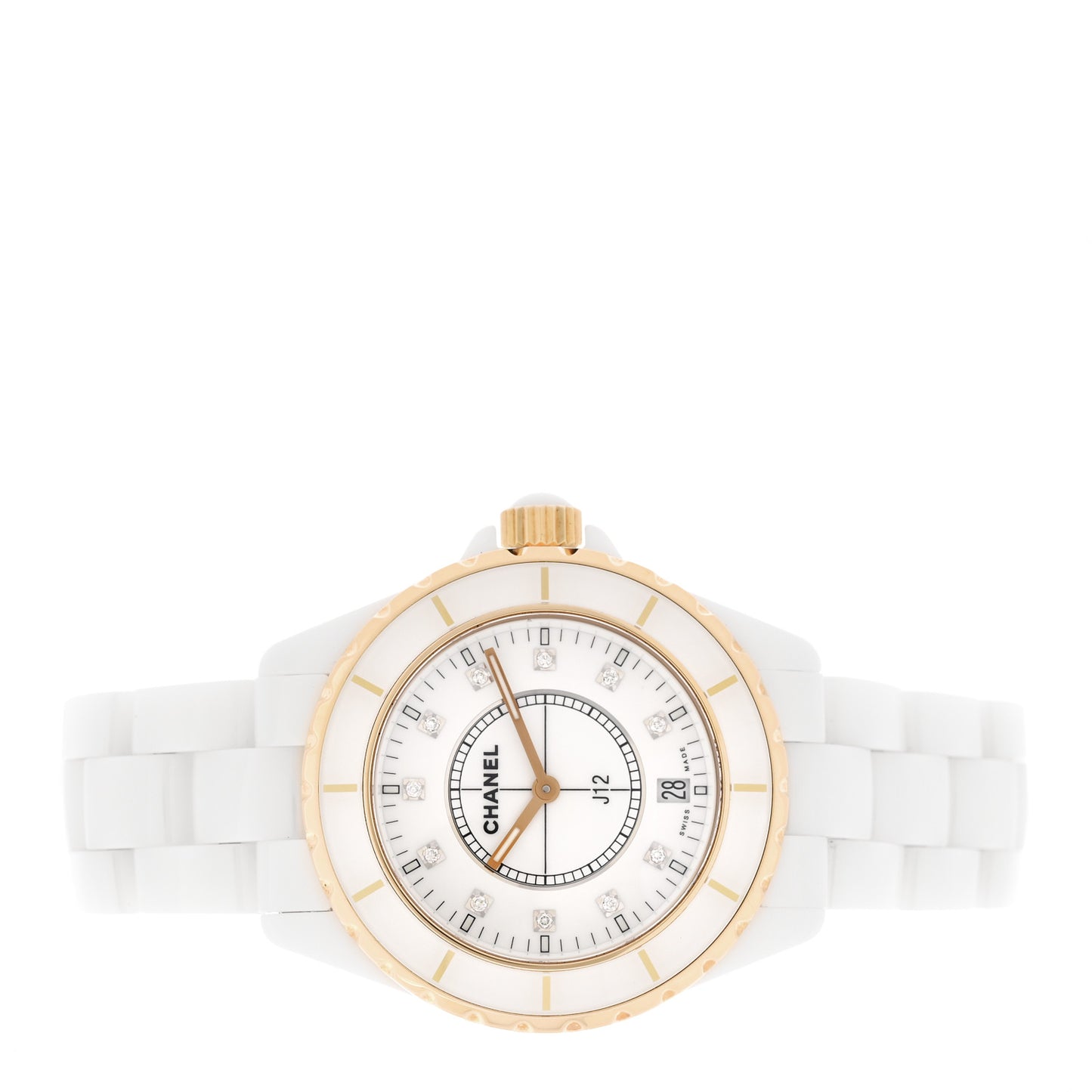 Stainless Steel 18K Beige Gold Ceramic Diamond 33mm J12 Quartz Watch White