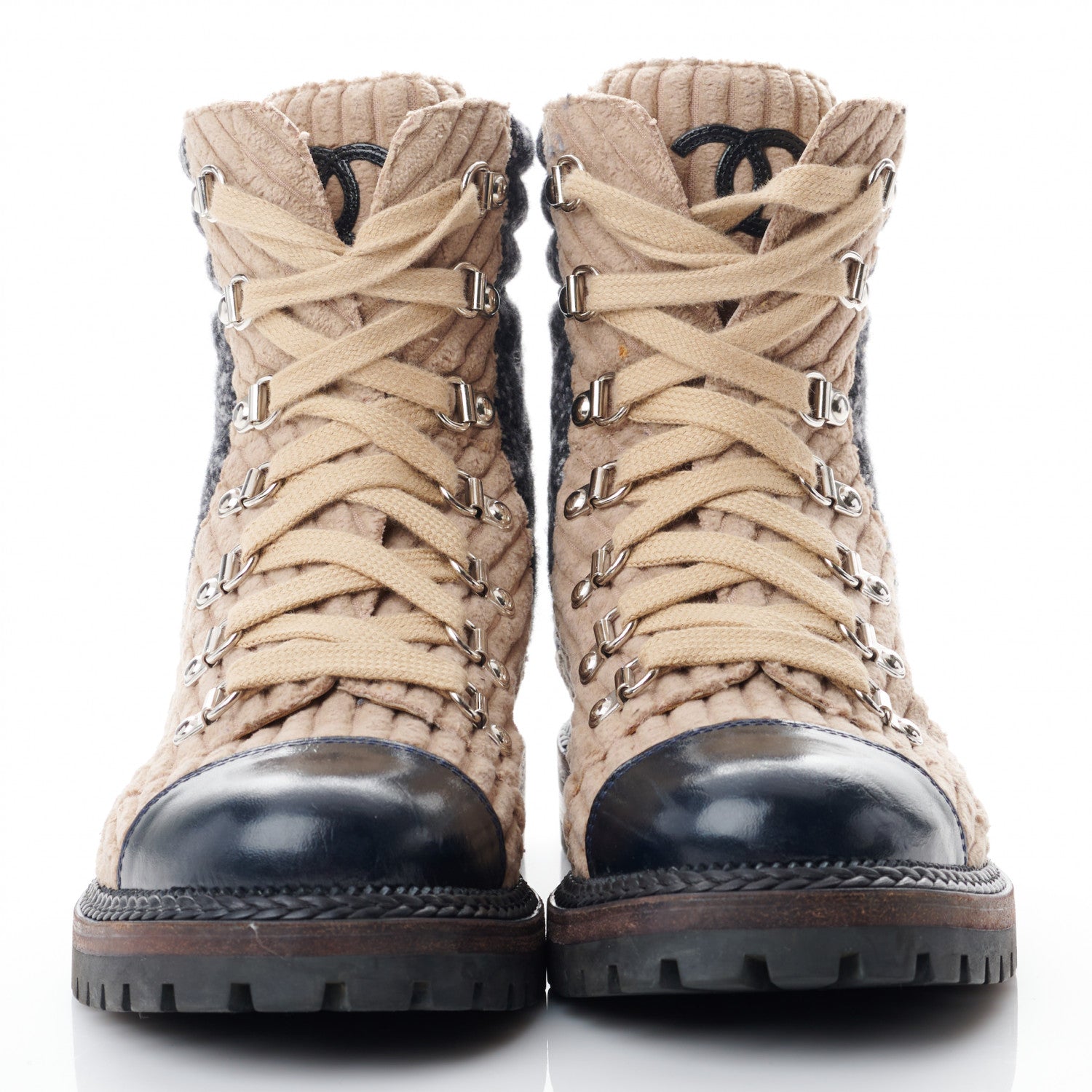 Chanel Tweed Corduroy Calfskin Quilted Lace Up Boots 38 Beige Black 2 of 8
