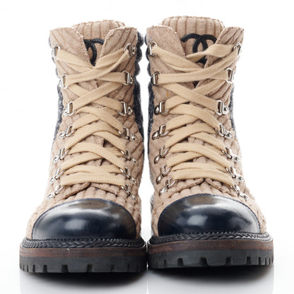 Chanel Tweed Corduroy Calfskin Quilted Lace Up Boots 38 Beige Black 2 of 8