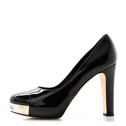 Chanel Patent Silver Cap Toe CC Pumps 39.5 Black 1 of 10