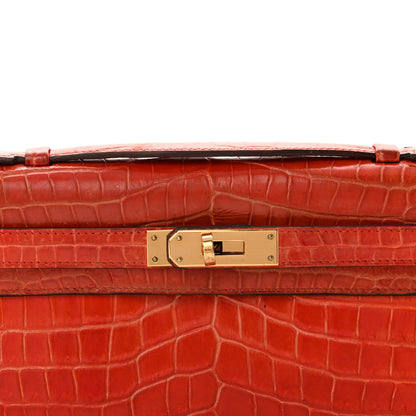 Hermes Shiny Porosus Crocodile Kelly Cut Pochette Orange Poppy 8 of 15