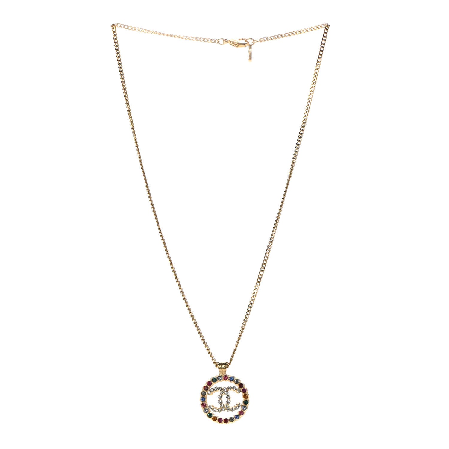 Chanel Crystal Over The Rainbow CC Pendant Necklace Gold Multicolor 3 of 7