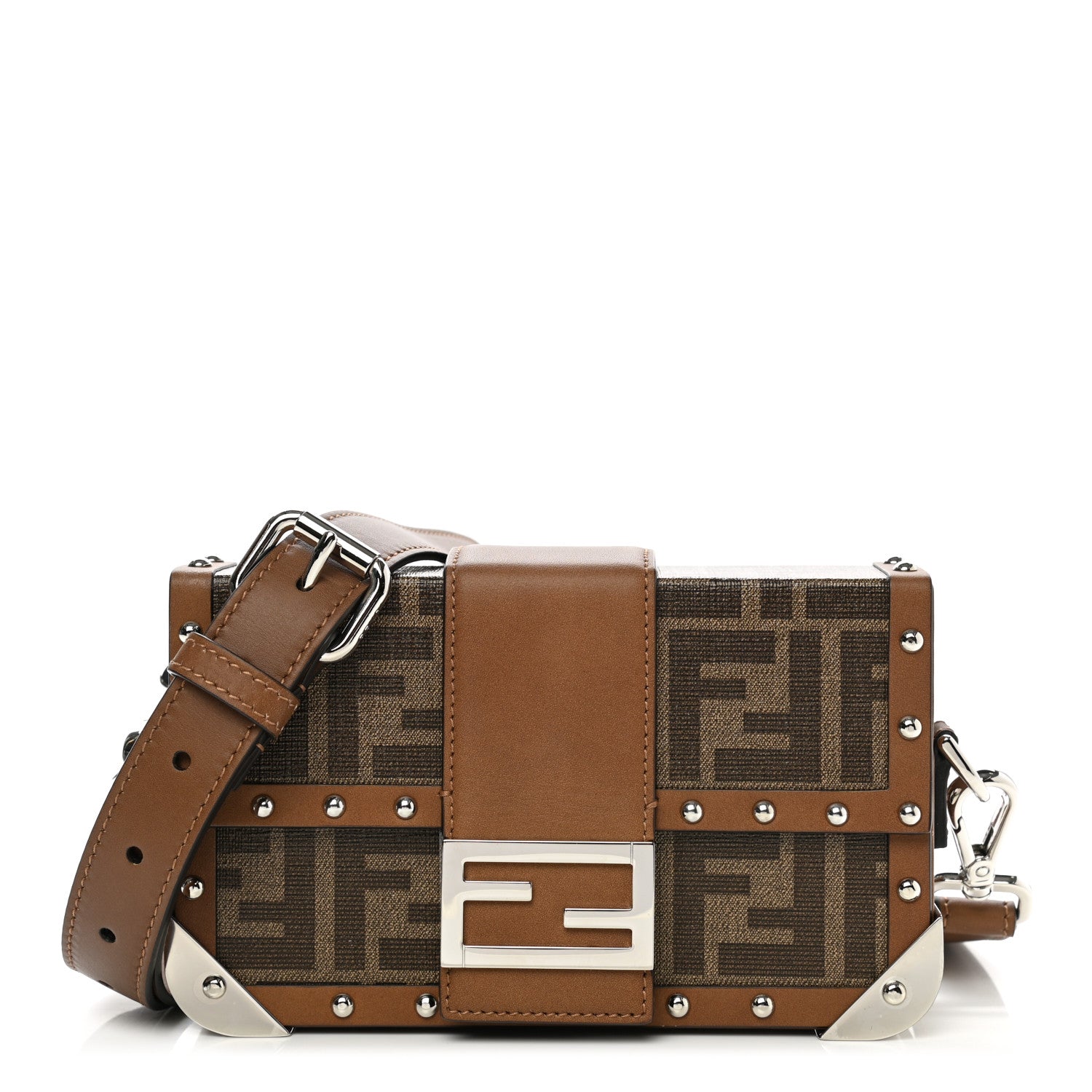 Fendi Shiny Glazed Fabric Vachetta FF 1974 Mini Baguette Trunk Mogano Panna Cuoio 1 of 11