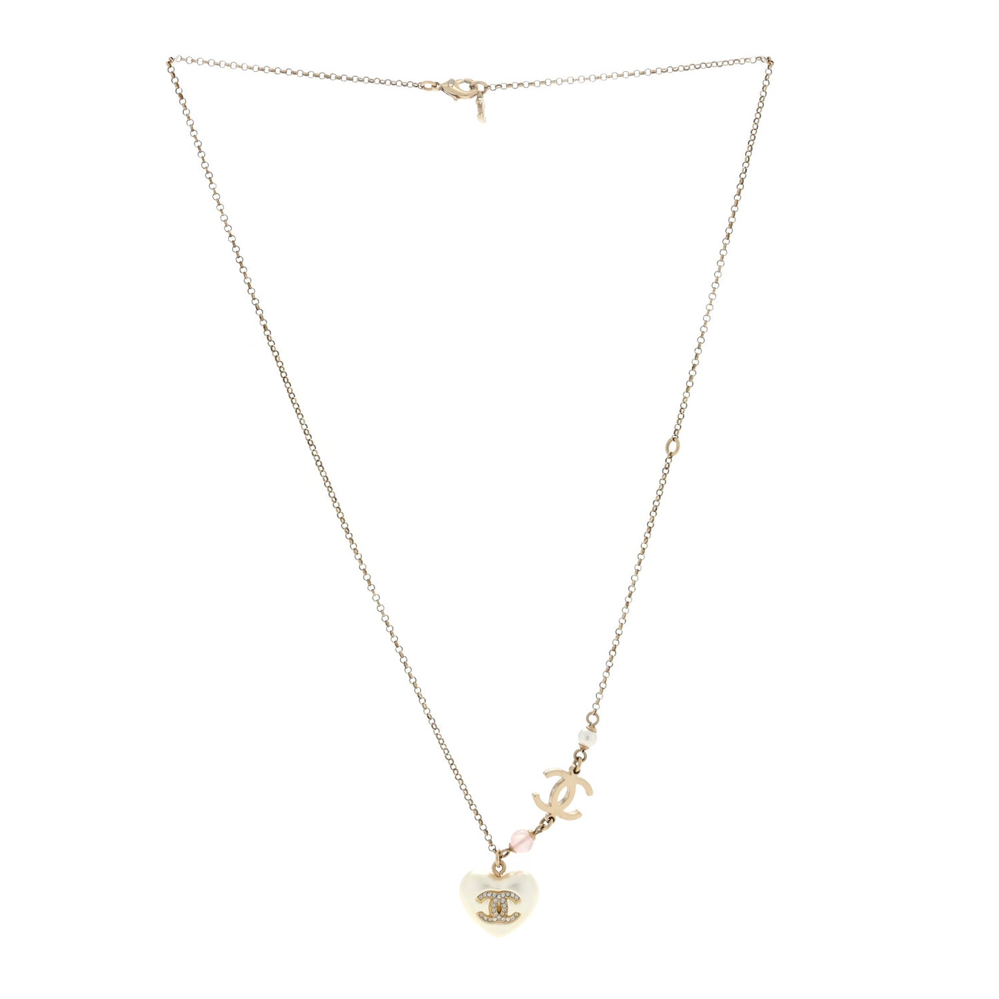 Resin Crystal CC Heart Necklace Pearly White Gold
