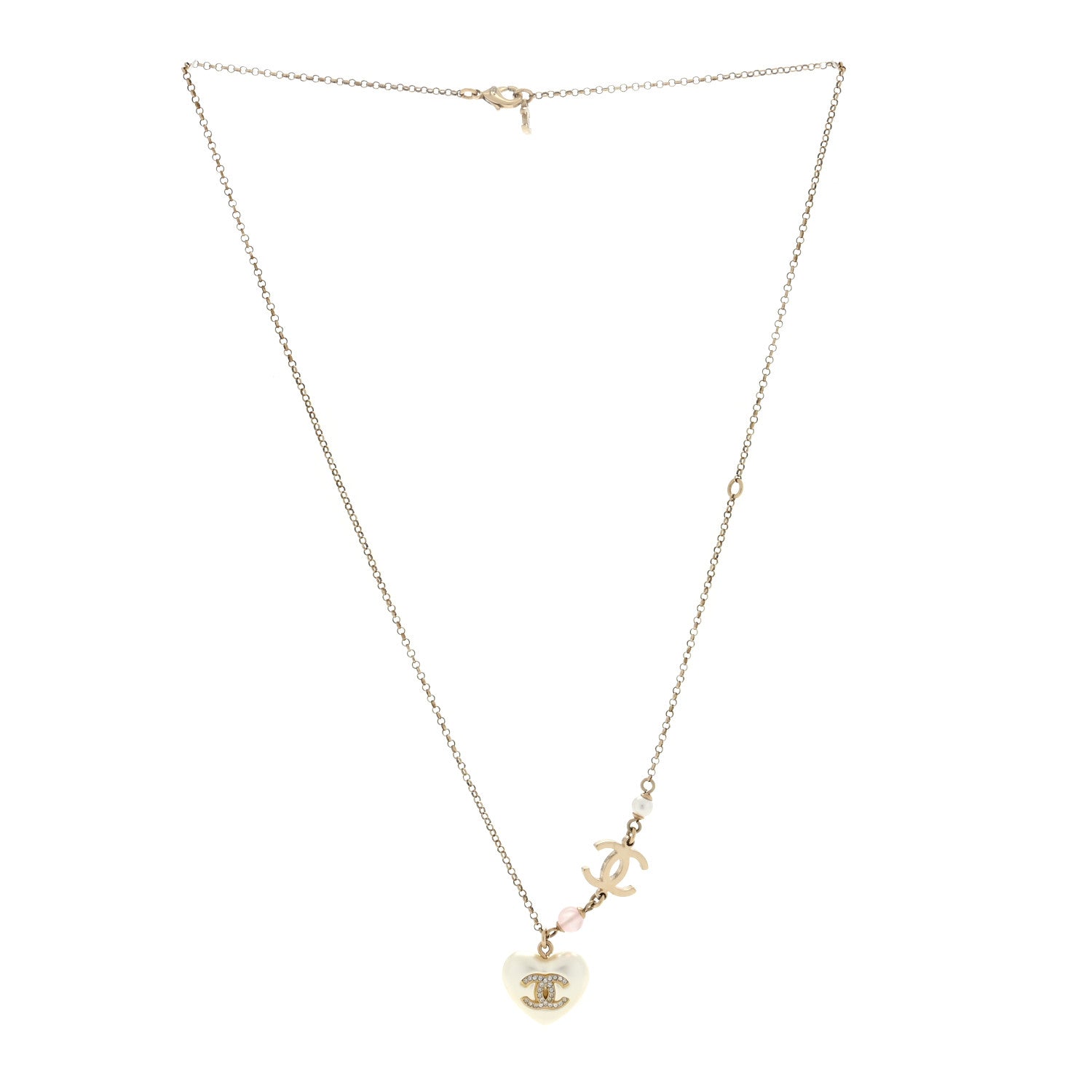 Chanel Resin Crystal CC Heart Necklace Pearly White Gold 3 of 4