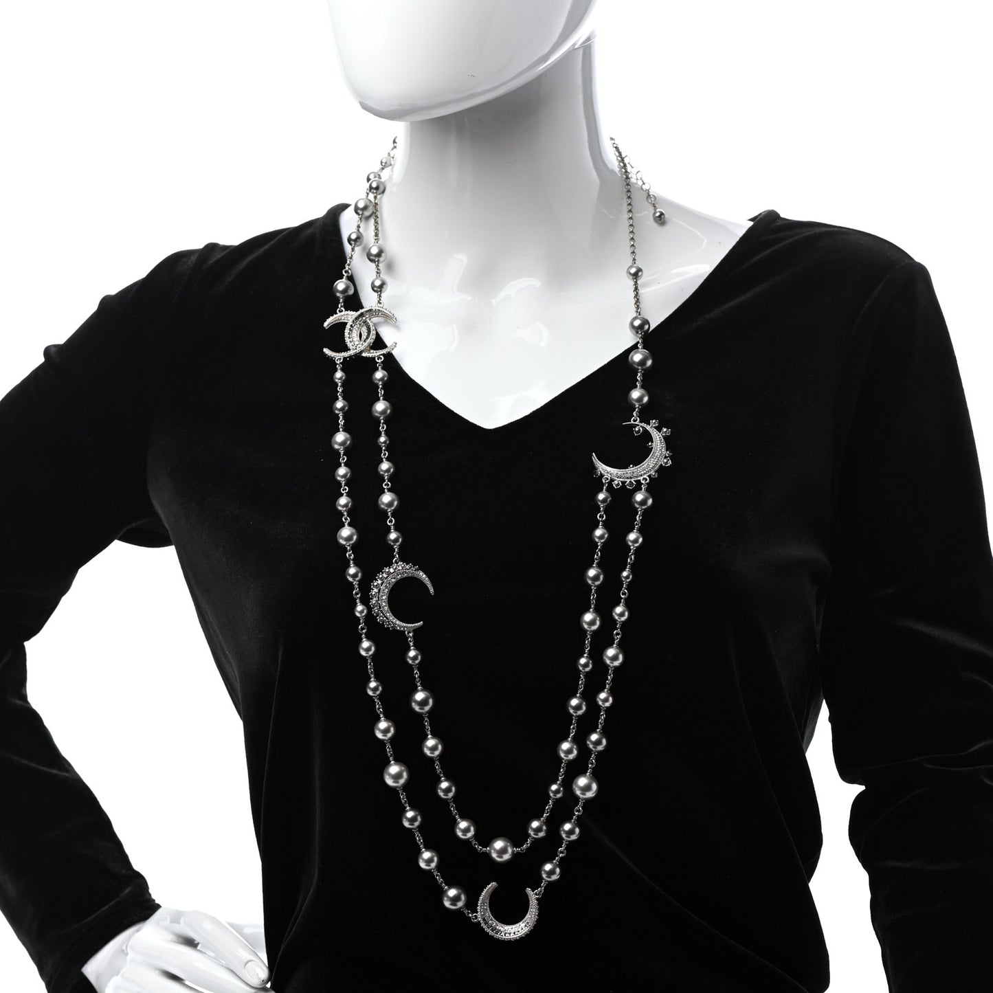 Pearl Baguette Crystal CC Moon Long Necklace Silver